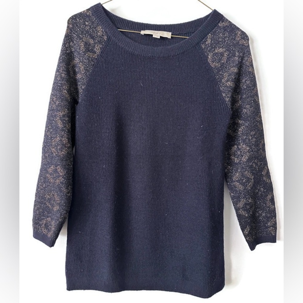 LOFT Navy Metallic Gold Shimmer Sleeves Knit Pullover Sweater XS
